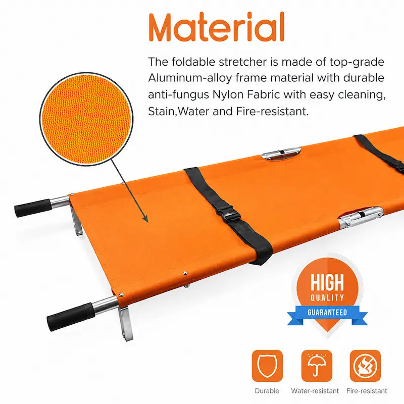Nylon Foldable Stretcher For Emergency Hospital Use | Waterproof Stretcher With Safety Belt | Transport Stretcher With Wheels - Made In India,Standard,Orange
