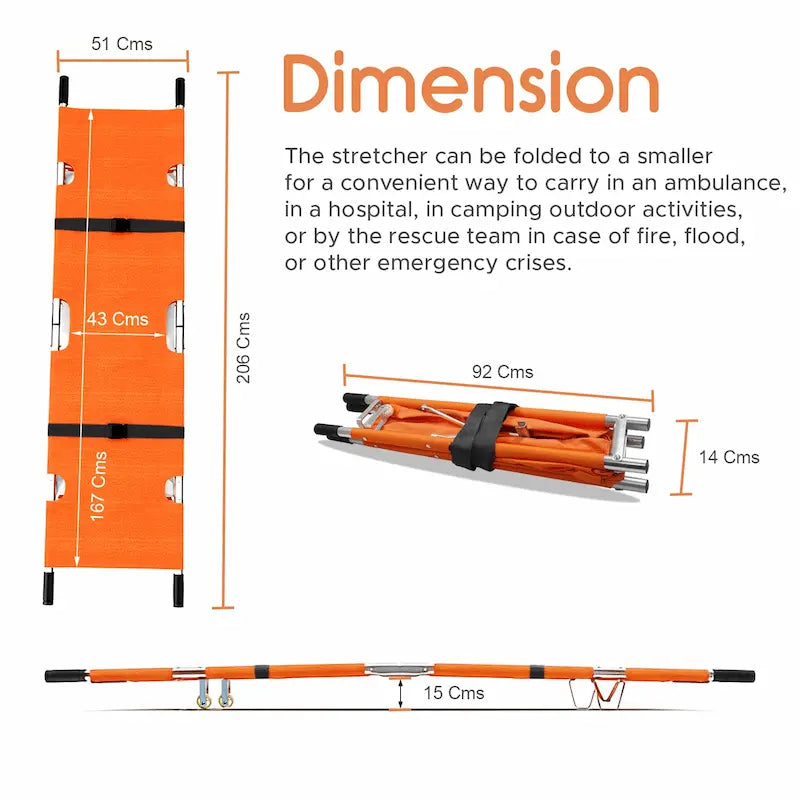 Nylon Foldable Stretcher For Emergency Hospital Use | Waterproof Stretcher With Safety Belt | Transport Stretcher With Wheels - Made In India,Standard,Orange