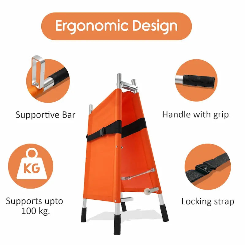 Nylon Foldable Stretcher For Emergency Hospital Use | Waterproof Stretcher With Safety Belt | Transport Stretcher With Wheels - Made In India,Standard,Orange