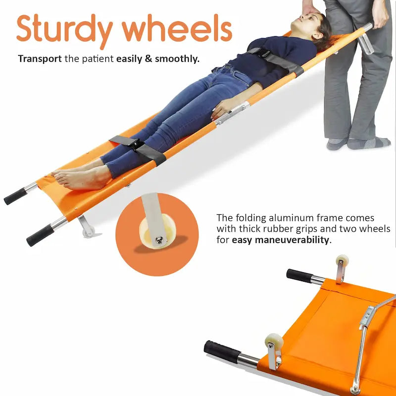 Nylon Foldable Stretcher For Emergency Hospital Use | Waterproof Stretcher With Safety Belt | Transport Stretcher With Wheels - Made In India,Standard,Orange